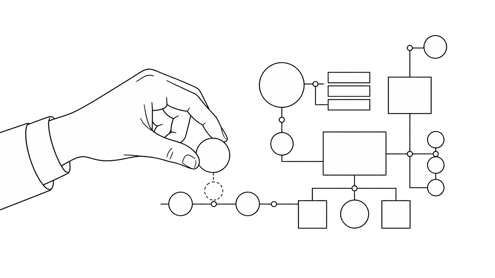 Eine Hand ordnet geometrische Formen in einem verbundenen System.