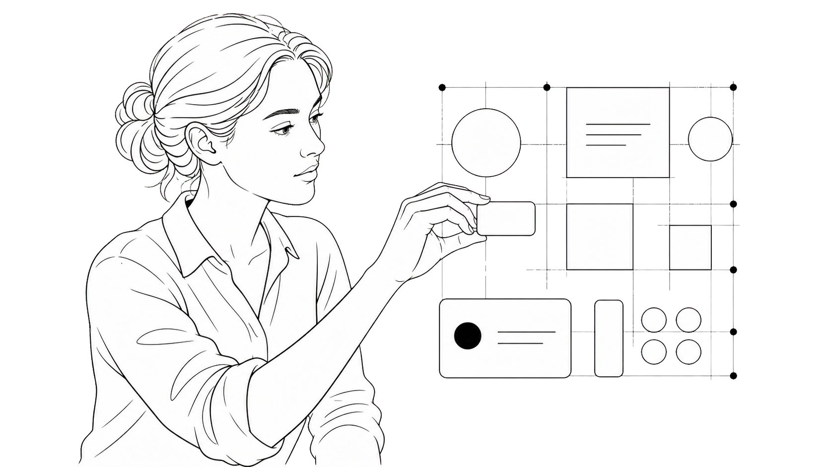 Eine Frau ordnet geometrische Module in einem verbundenen System.