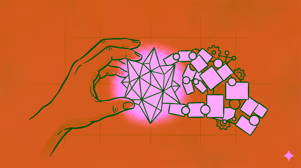 Eine Hand platziert eine geometrische Form in ein System aus Puzzleteilen und Zahnrädern – eine Metapher für Designsystem-Strukturen.
