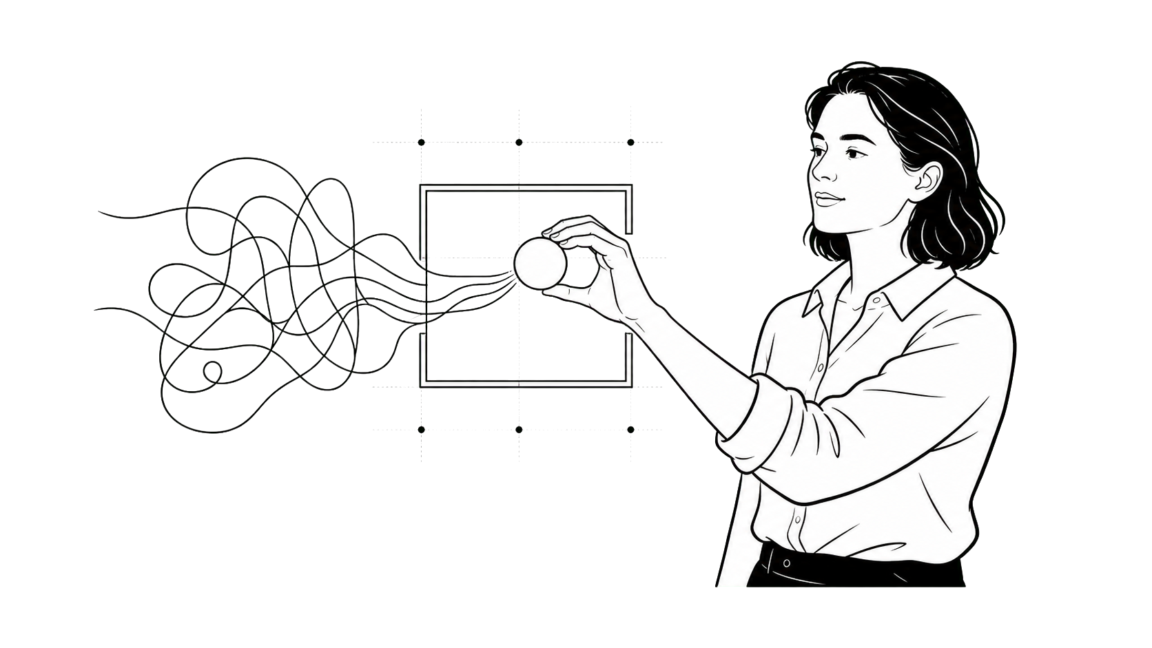 Frau, die ein Ordnungselement zwischen freie Linien und ein geometrisches Raster setzt.