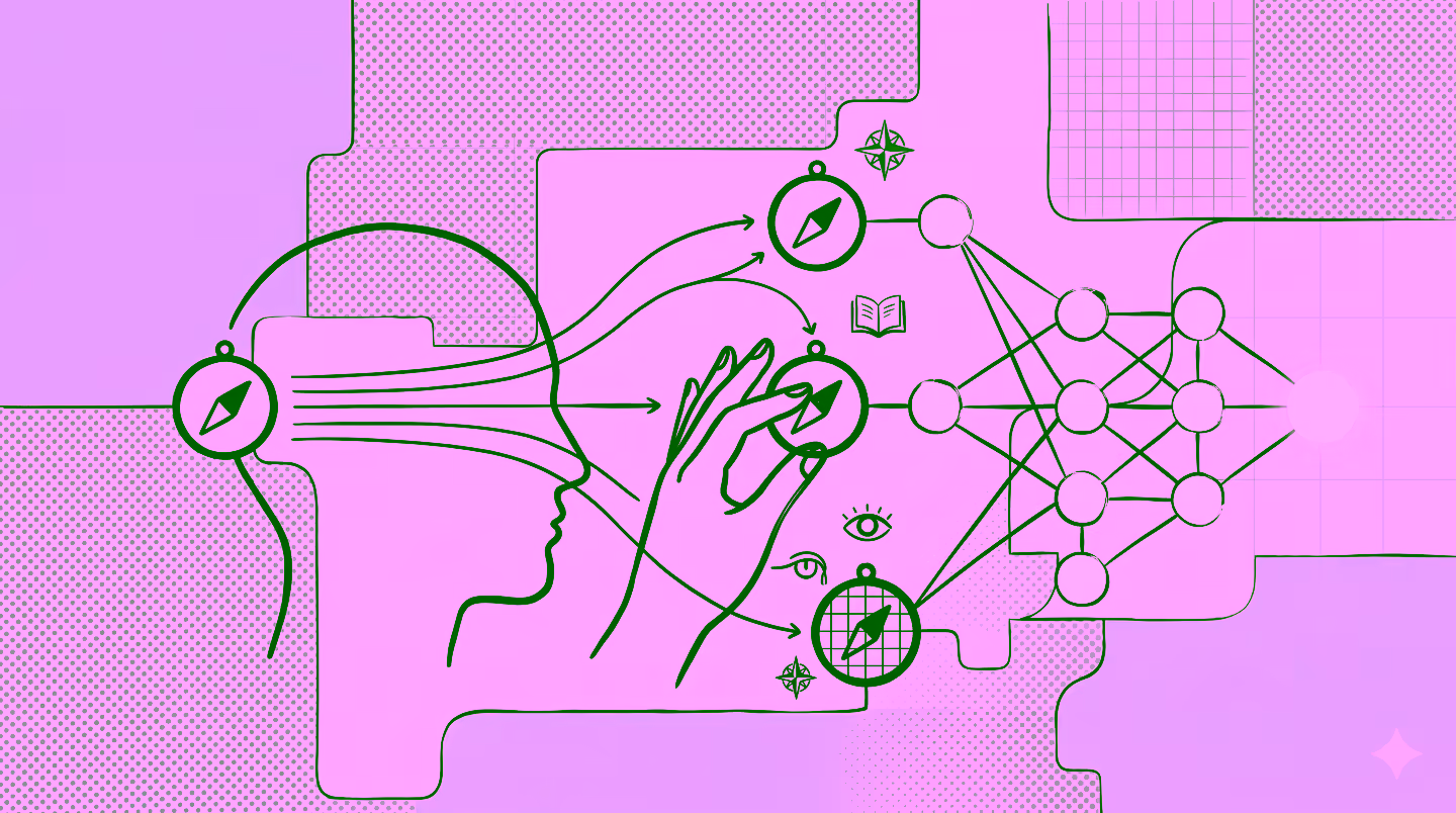 Eine Illustration eines menschlichen Kopfes, verbunden mit Kompassnadeln, einem neuronalen Netz und Navigationssymbolen.